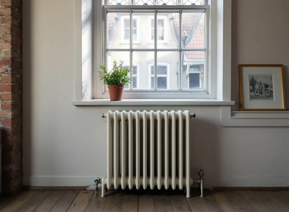 Een oude crèmekleurige gietijzeren ledenradiator onder een raam in een jaren dertig huis