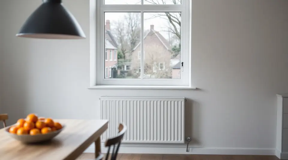 Een nieuwe brede en diepe witte radiator onder het raam van een eetkamer, met een houten tafel en een schaal mandarijnen