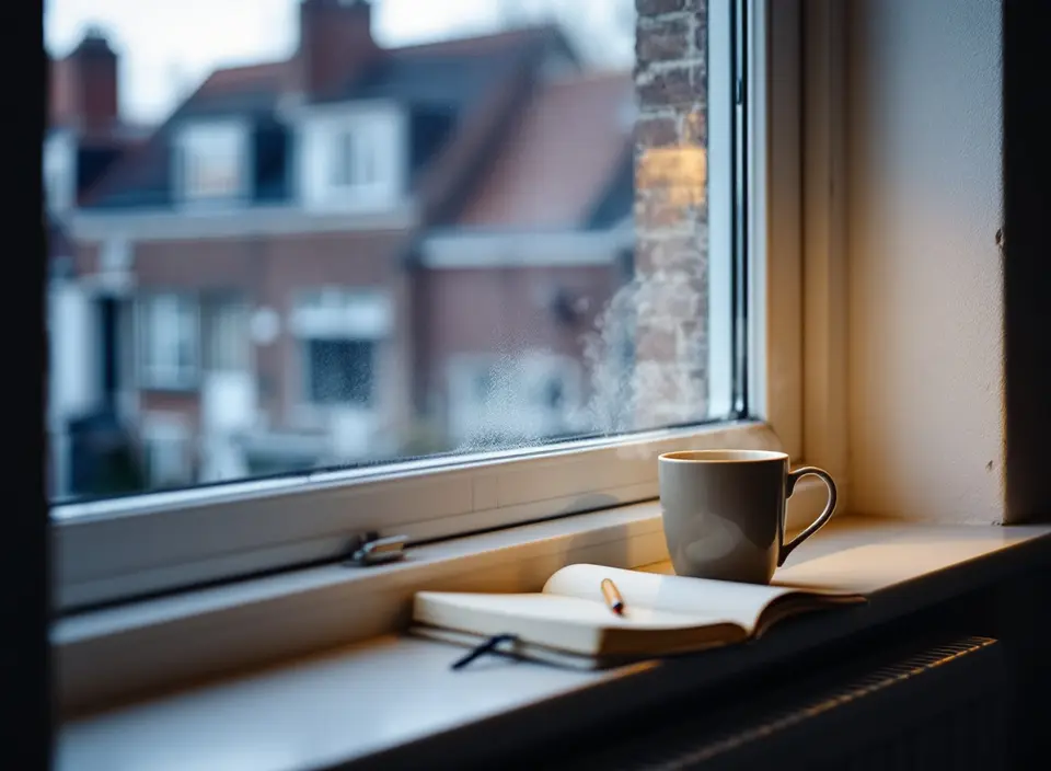 Een vensterbank boven een radiator op een winterochtend, met een dampende mok thee en een opengeslagen schrift