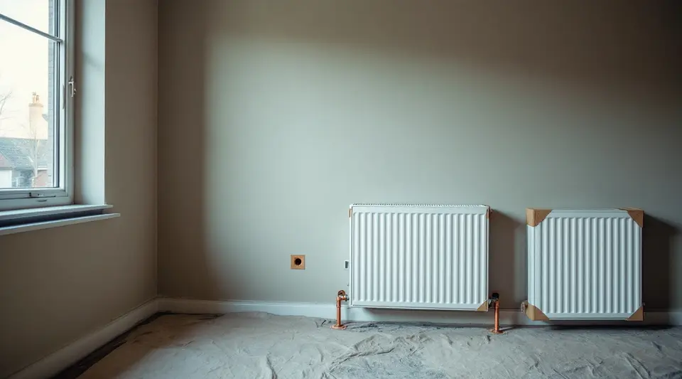 Een woonkamer tijdens de verbouwing: twee nieuwe witte radiatoren, één nog met kartonnen hoeken, en koperen leidingen bij de vloer
