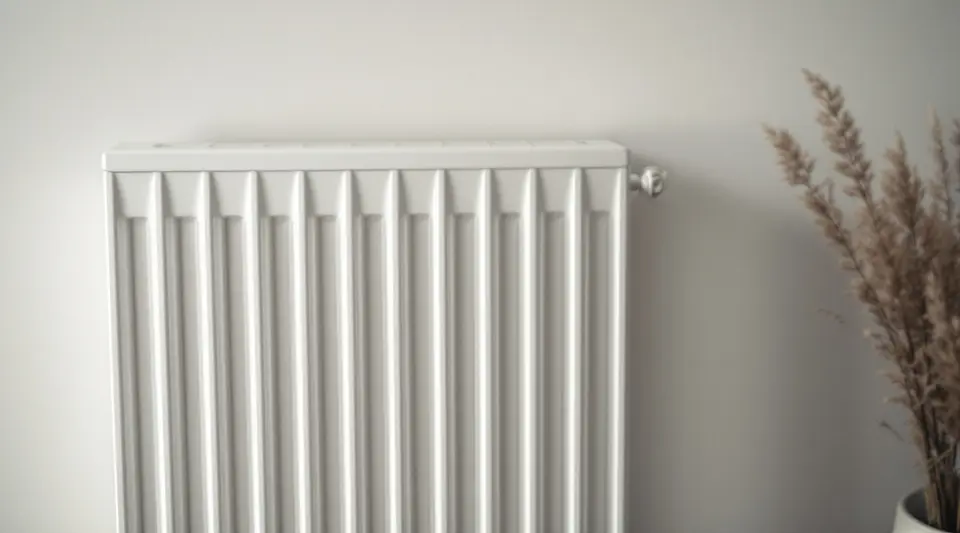 Detail van een witte paneelradiator met verticale profielen tegen een lichte muur
