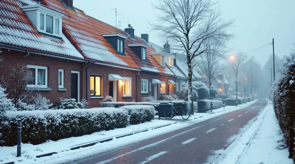 Een klinkerstraat met bakstenen rijtjeshuizen op een winterochtend, met sneeuw op de daken en heggen en licht achter de ramen