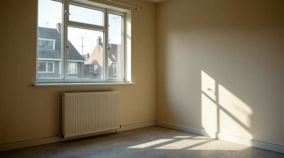 Een lege kamer met een groot raam en een smalle radiator met één plaat eronder