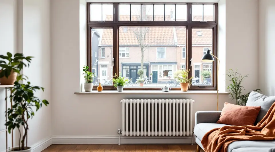 Lichte woonkamer in een jaren dertig huis, met een witte kolomradiator met kraan onder een groot raam met donkere kozijnen en een bank met een terracotta plaid; buiten een straat met bakstenen huizen en fietsen
